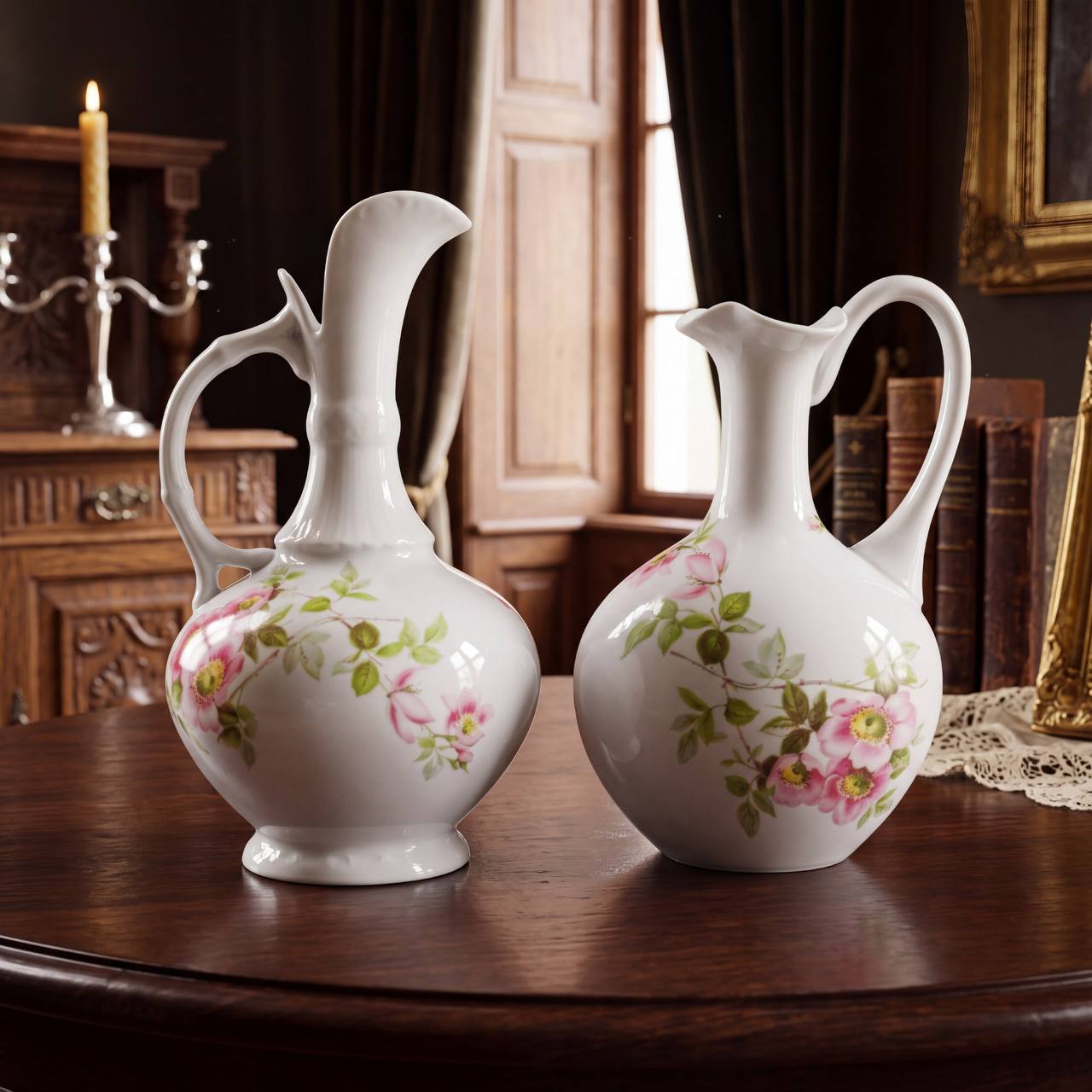 Парные винтажные кувшины-вазы "Шиповник" Limoges Giraud, Франция, фарфор.
