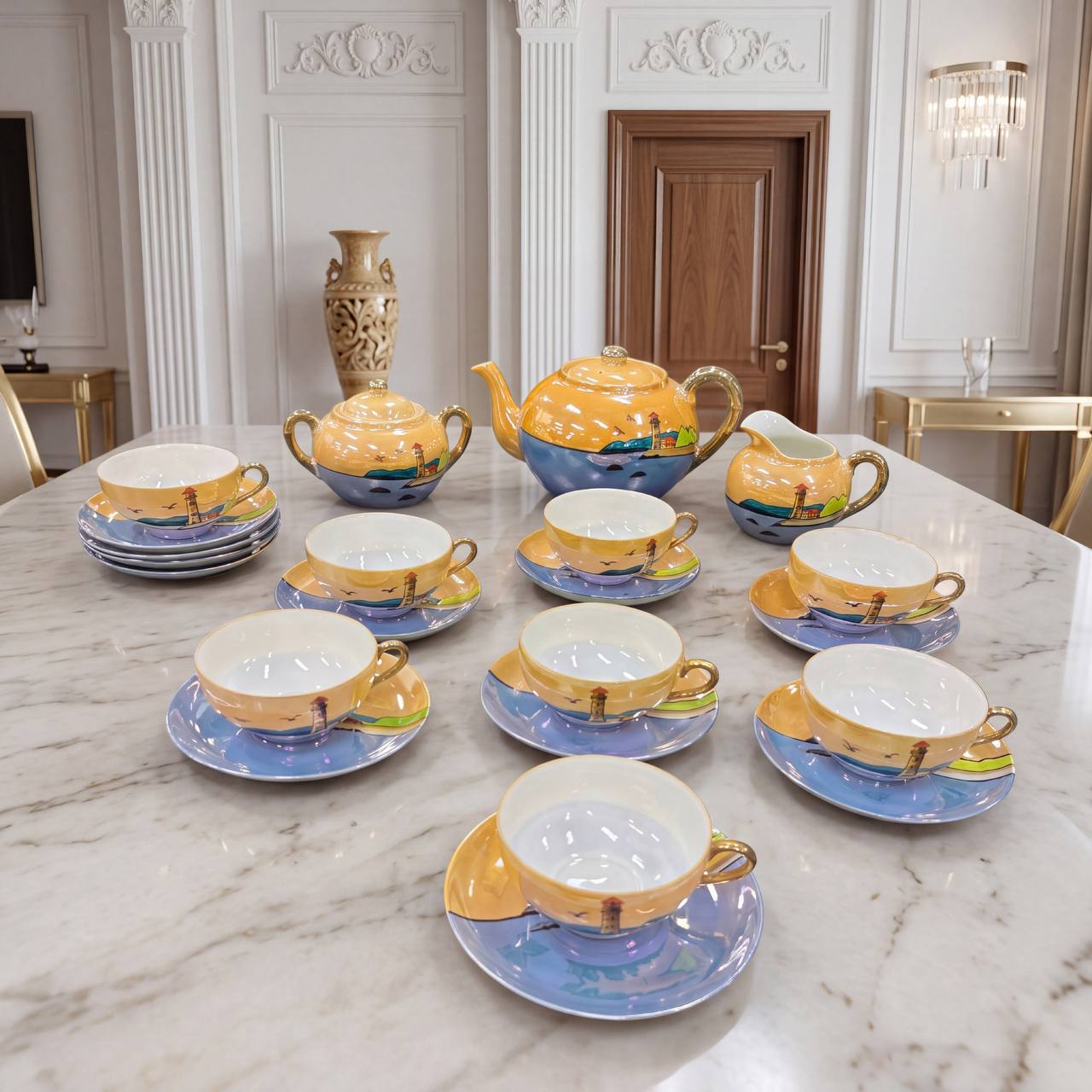 Японский винтажный чайный сервиз Kutani (Кутани), костяной фарфор.