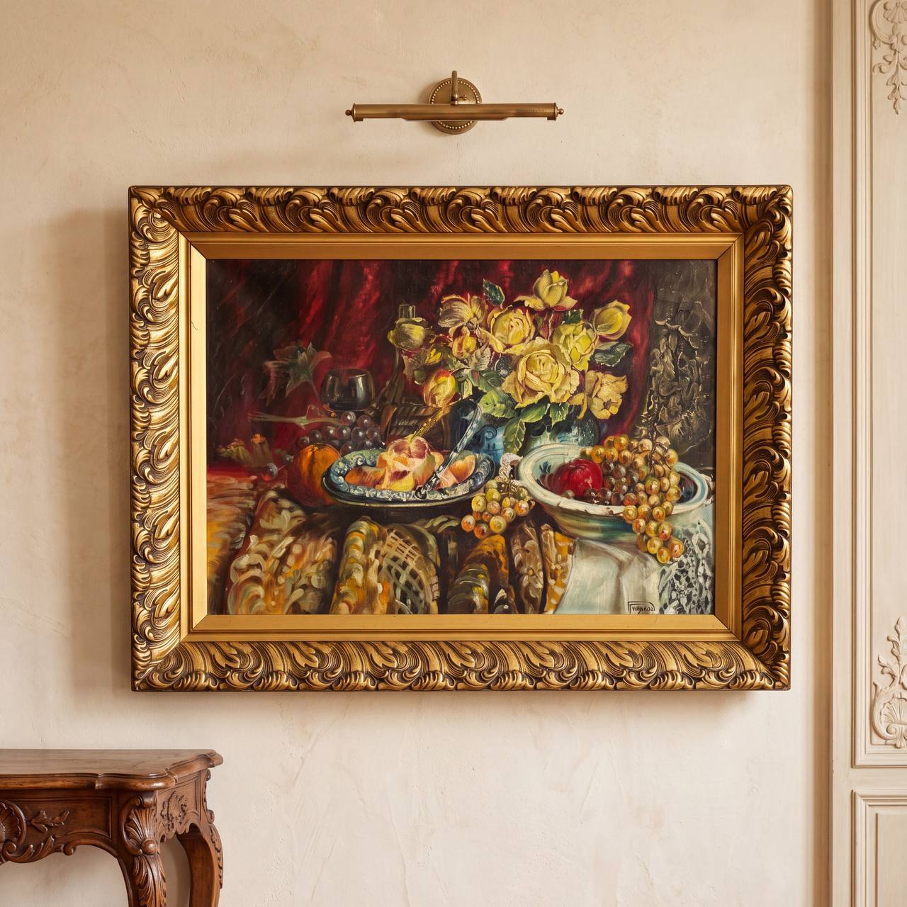 Классический натюрморт с розами и фруктами (холст, масло) в богатой раме. Европа.
