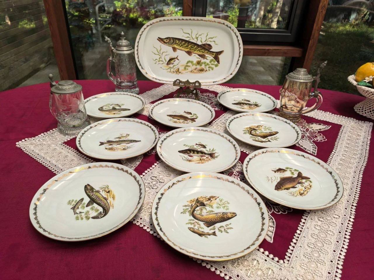Винтажный рыбный сервиз Limoges Vicard Франция, 10 предметов