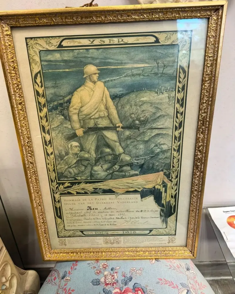Антикварный памятный диплом WWI (Битва на Изере), Бельгия, 1919 г. в раме